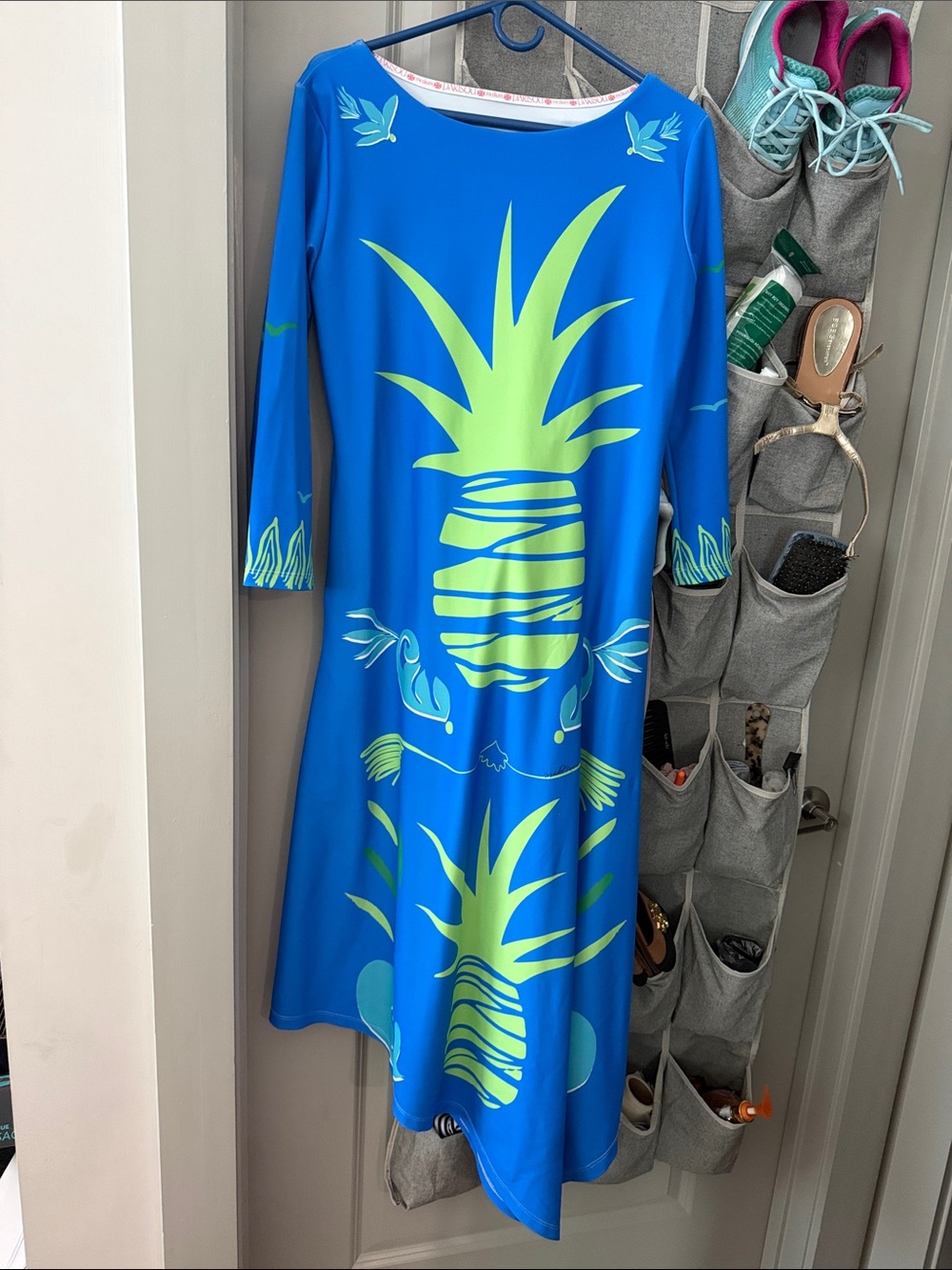 Aris Bright Blue Long Sleeve Dress with Lime Pineapple Motif